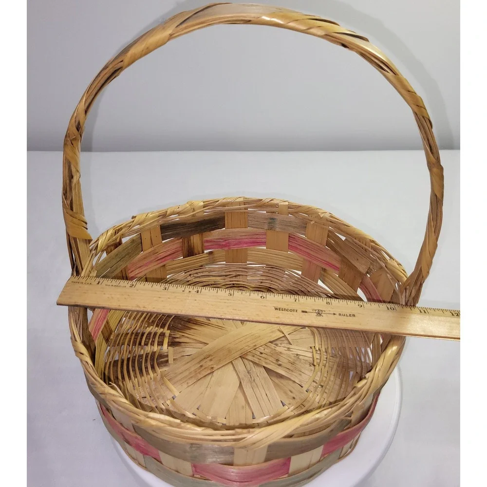 Vintage Woven Easter Basket Round Splint Wood Pink Green Accent Handle
